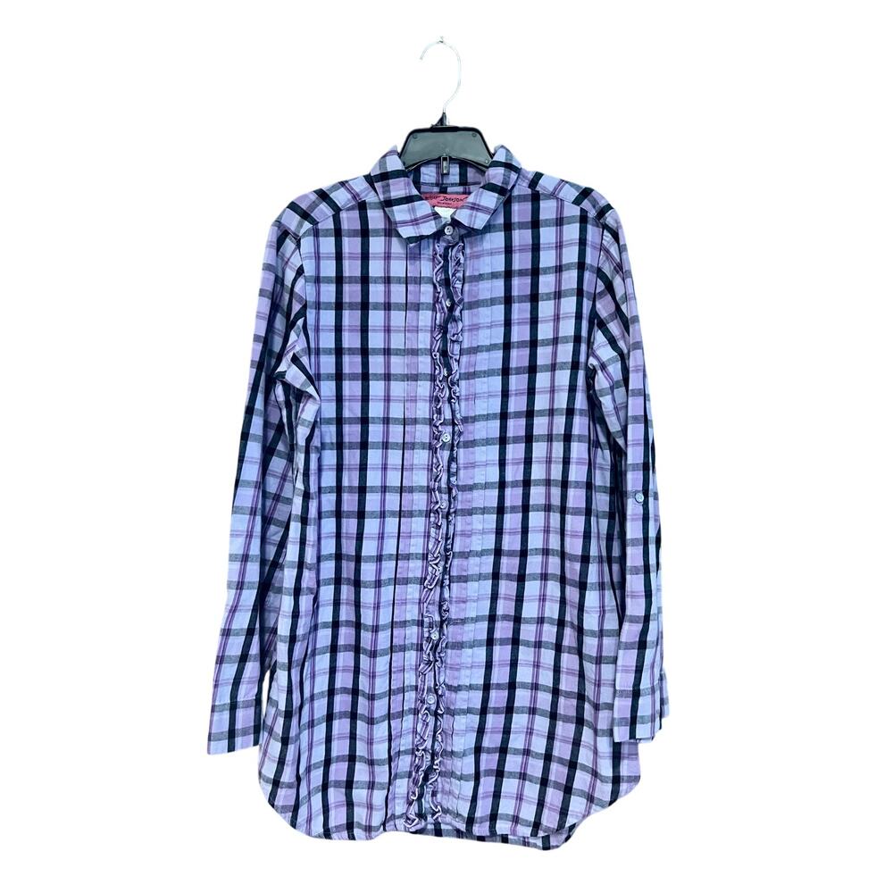 Betsey Johnson Intimates Purple Plaid Button Down Ruffle Sleep Pajama Top Small